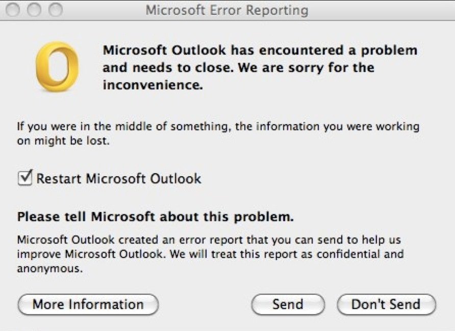 outlook 2016 crashes mac - microsoft error reporting