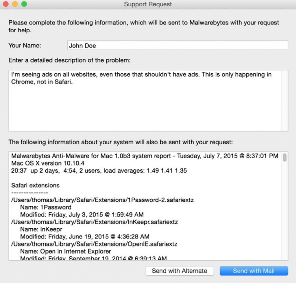 malwarebytes for mac support request