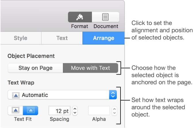 pages format text object settings