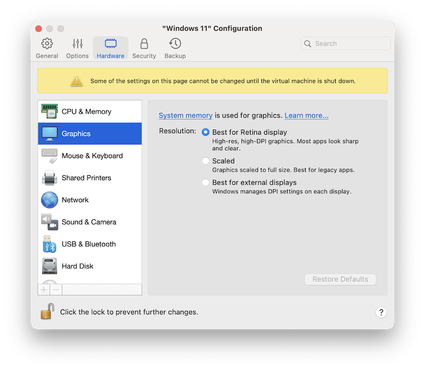 parallels hardware graphics settings