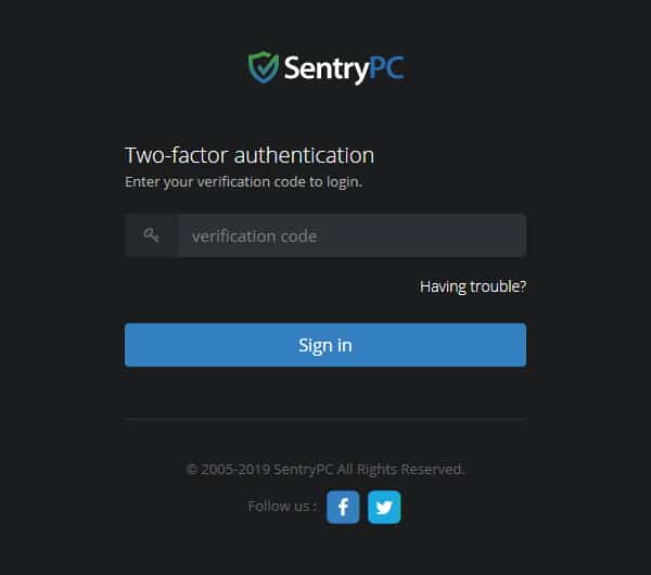 sentrypc review - two factor login