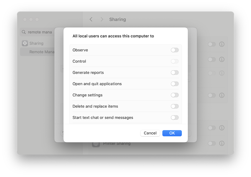 remote management options macos