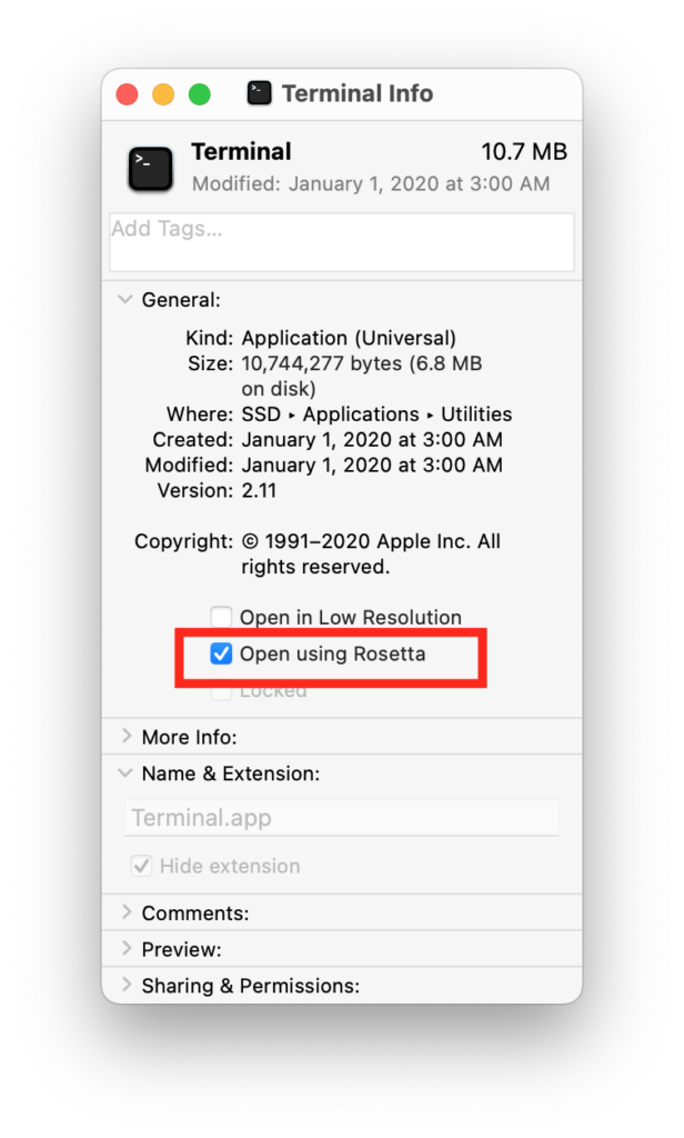 terminal open using rosetta check box