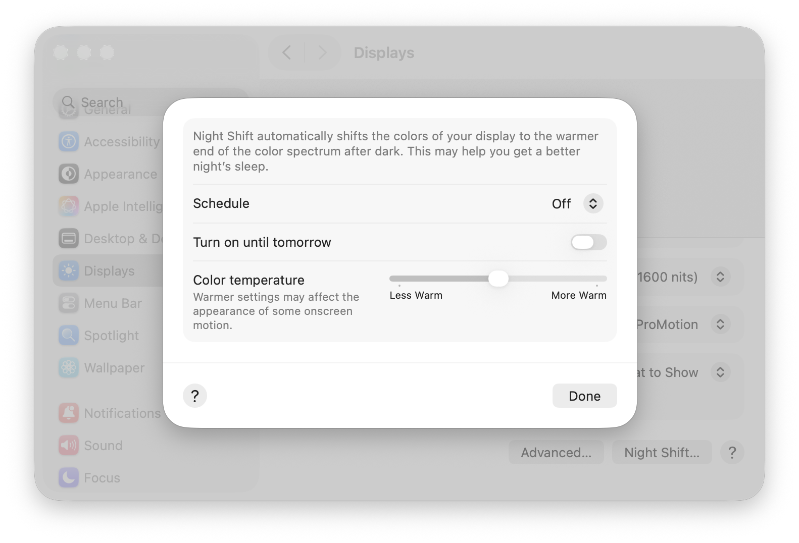 turn off night shift on mac