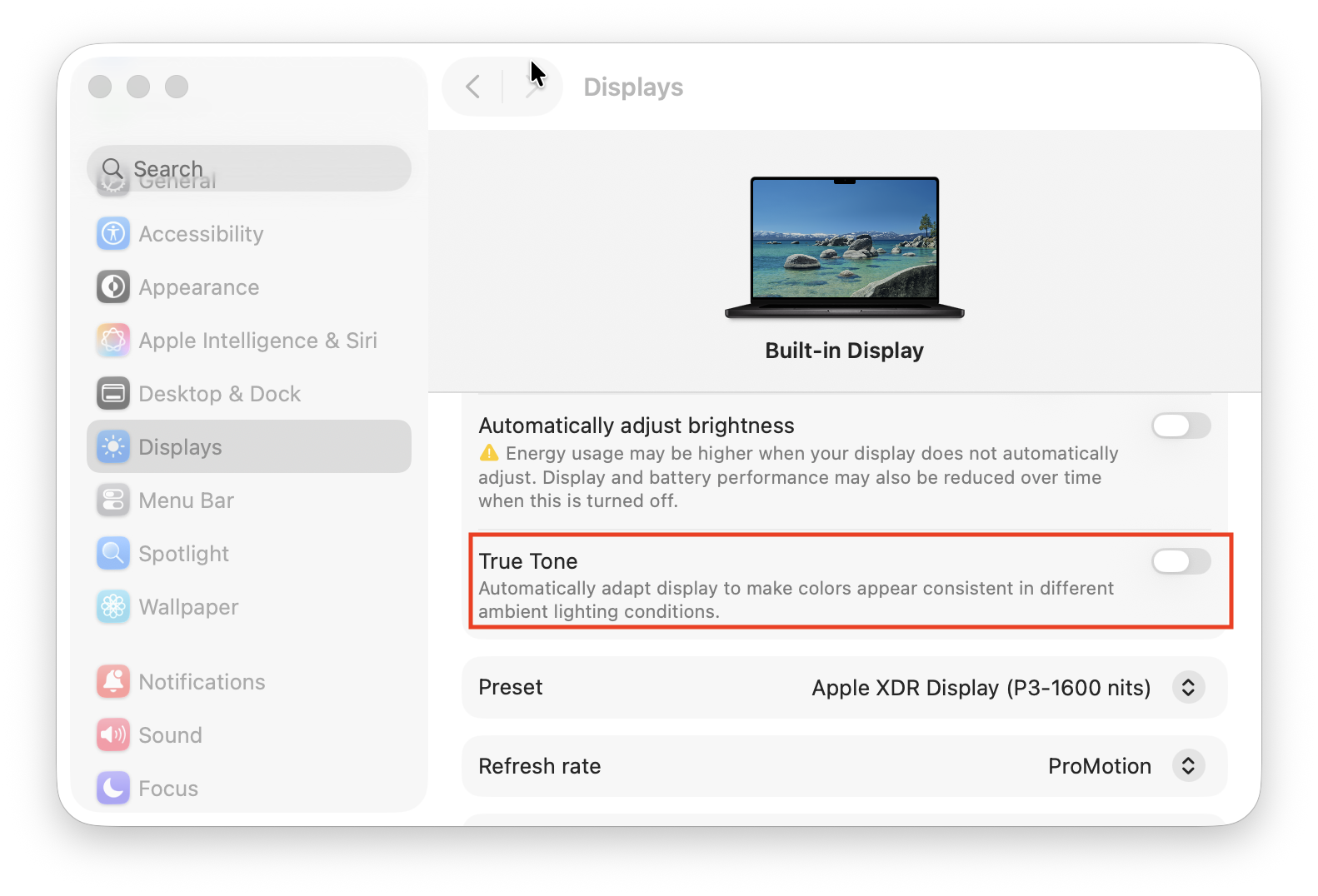 turn off true tone mac