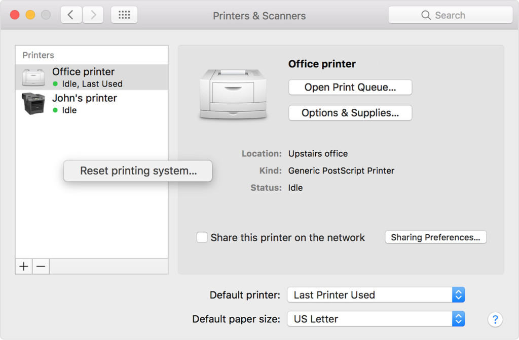 hold authentication mac - reset printer