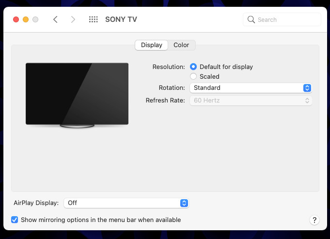 default display settings mac mini