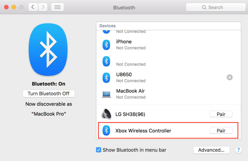 bluetooth xbox controller connected mac