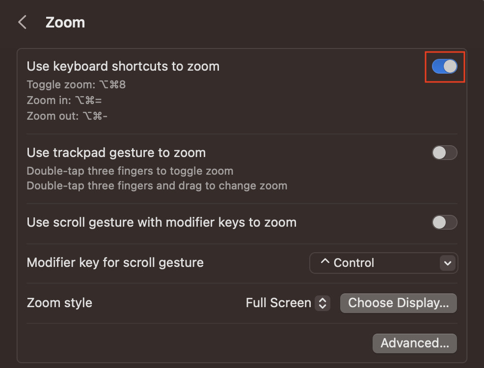 keyboard shortcuts to zoom