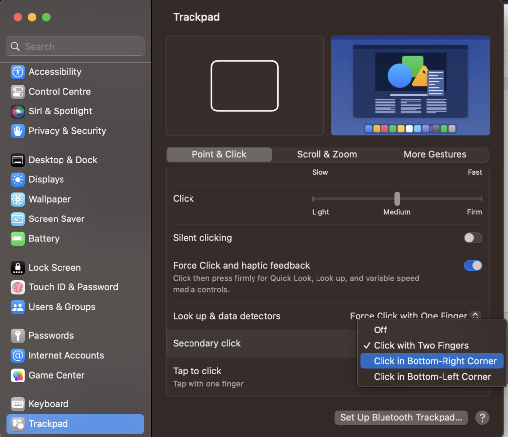 right click on a mac - trackpad settings