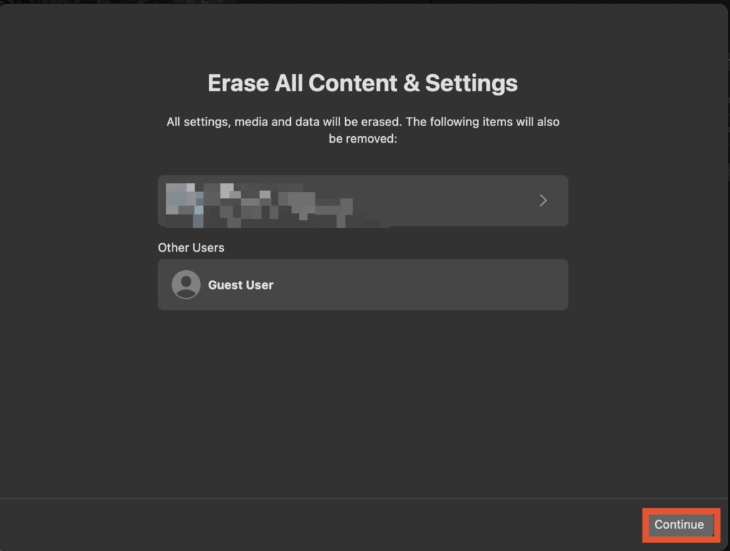 erase content and settings continue option