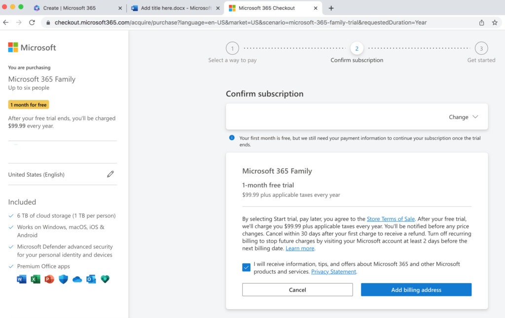 microsoft 365 free trial payment