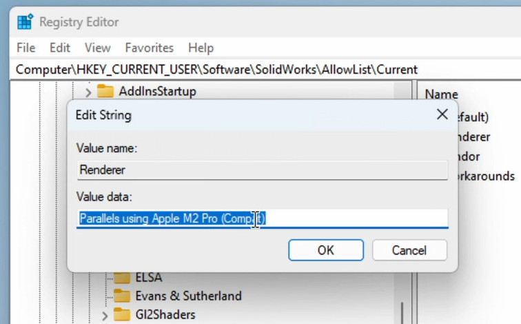 copy renderer string solidworks registry editor parallels