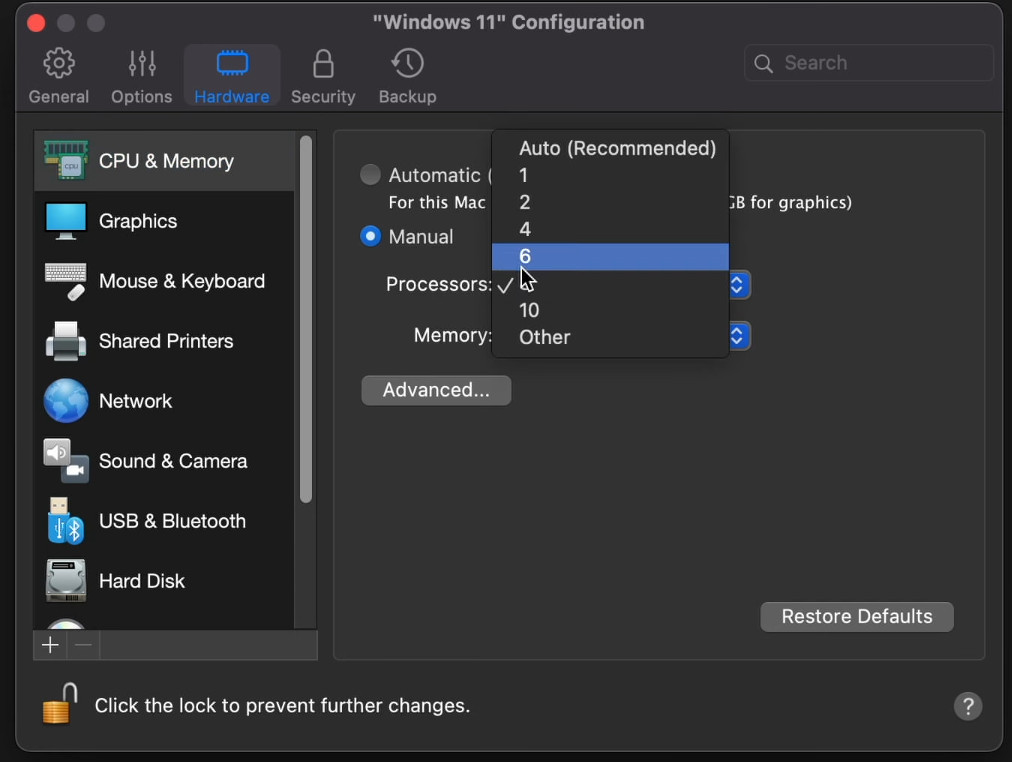 parallels cpu settings