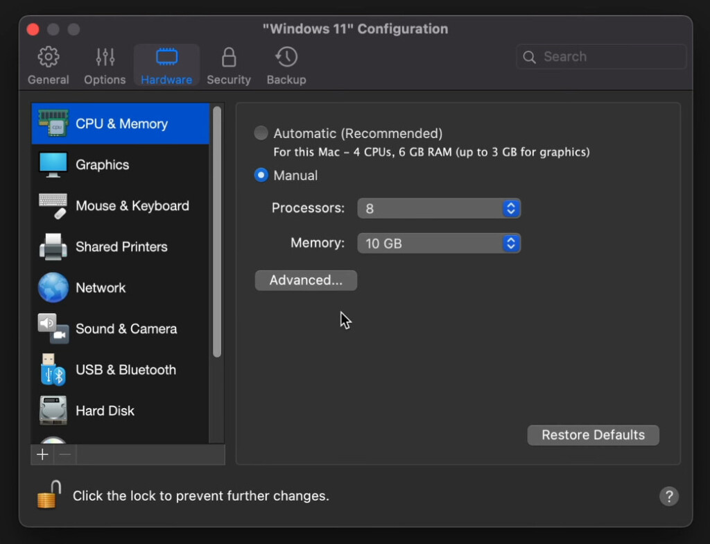 parallels memory settings