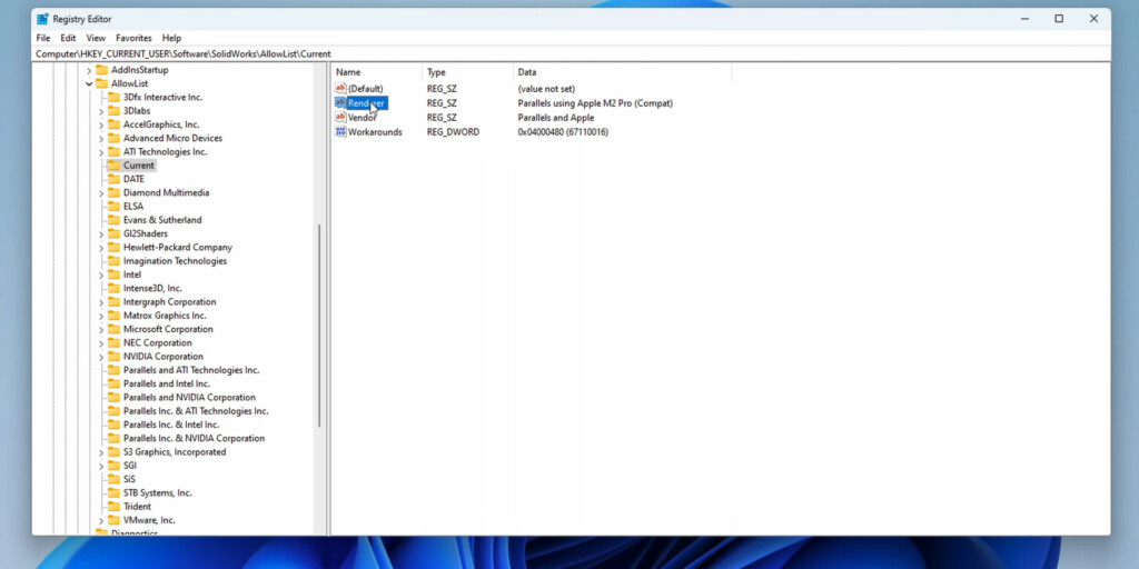 parallels solidworks registry editor renderer