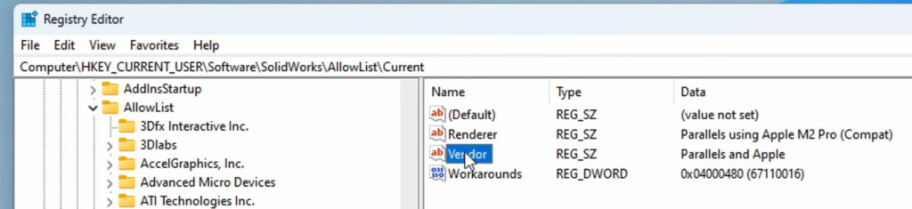 parallels solidworks registry editor vendor