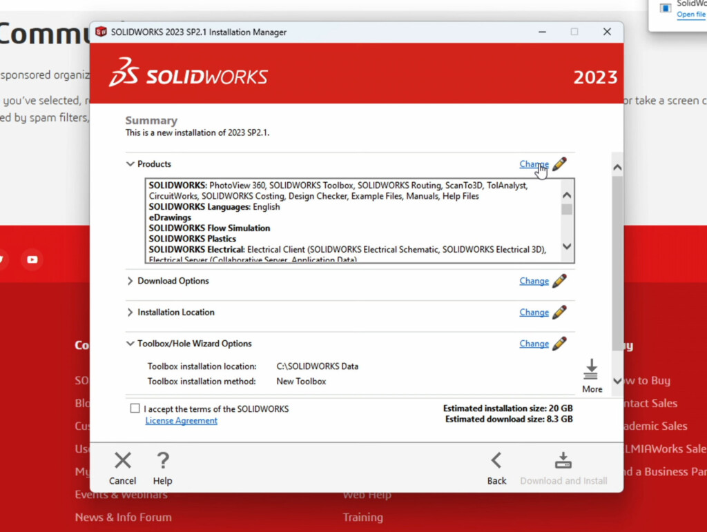 solidworks product installation menu