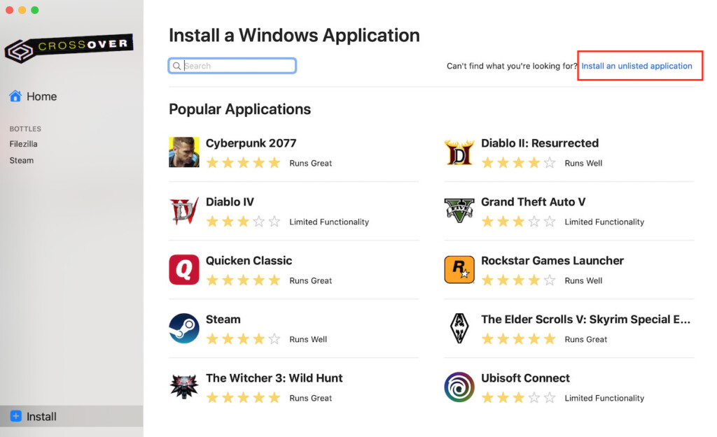 install unlisted application crossover