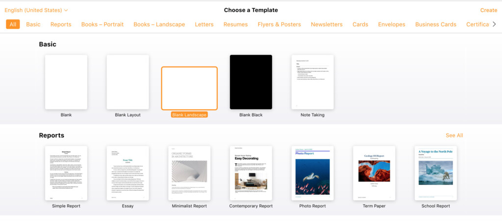 pages blank landscape template
