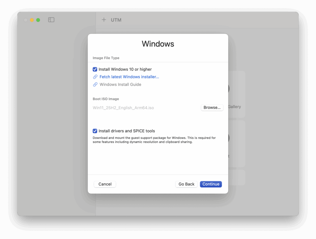 utm browse to windows iso