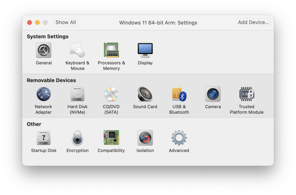 vmware fusion virtual machine settings