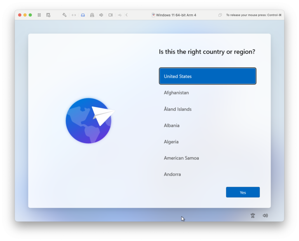 vmware fusion windows 11 country region setup