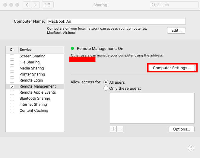 remote management computer settings