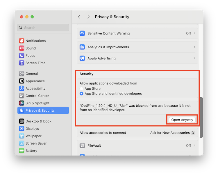 optifine system security settings mac