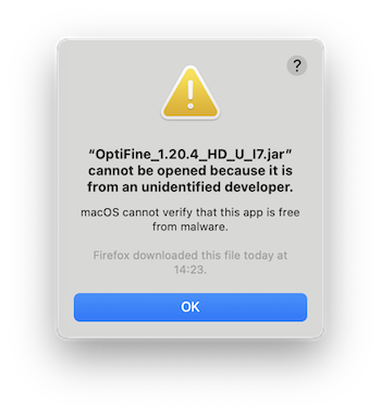 optifine unidentified developer mac