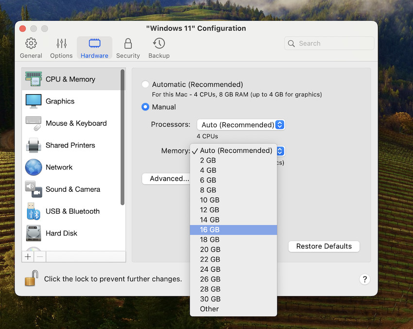 parallels memory and cpu settings