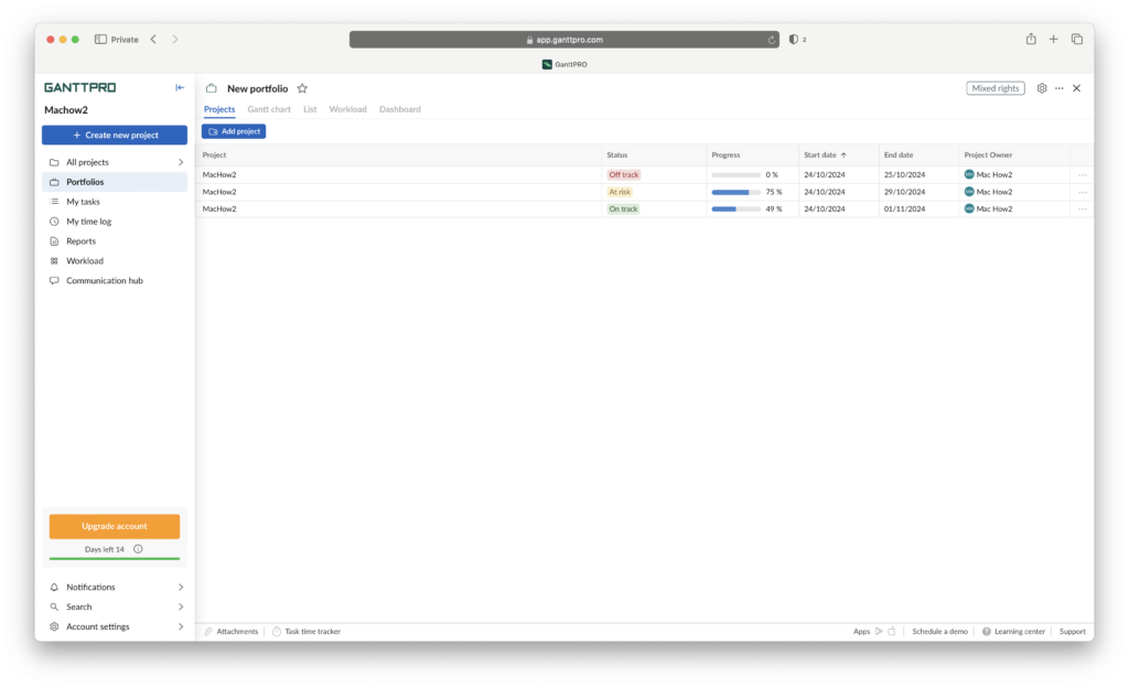 GanttPRO Portfolio view for multiple projects. Source: MacHow2