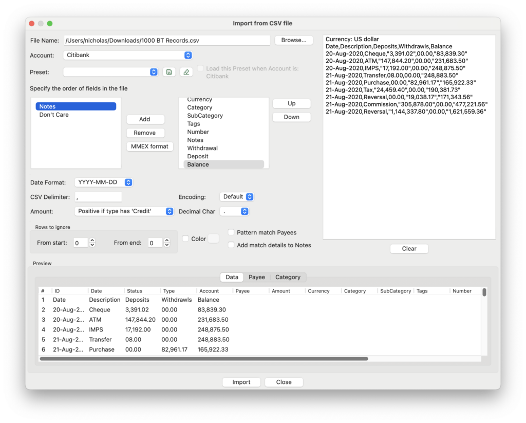 Money Manager Ex import CSV