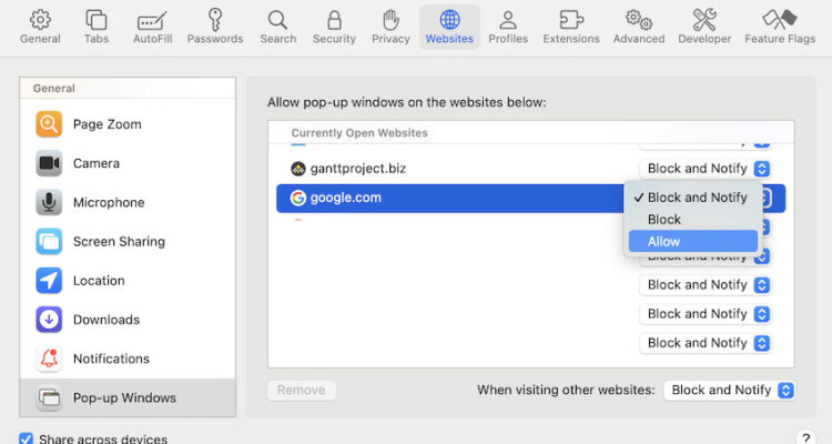 safari allow pop ups