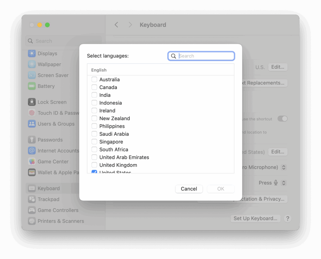 languages macos dictate