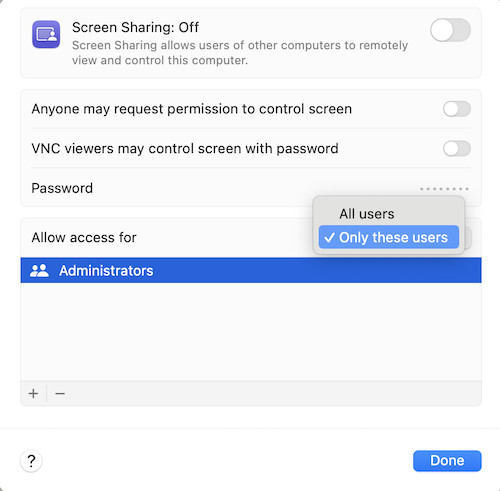screen sharing restrict users macOS