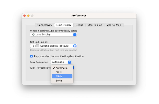 luna display refresh and resolution settings