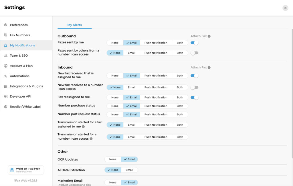 email sending and receive options ifax