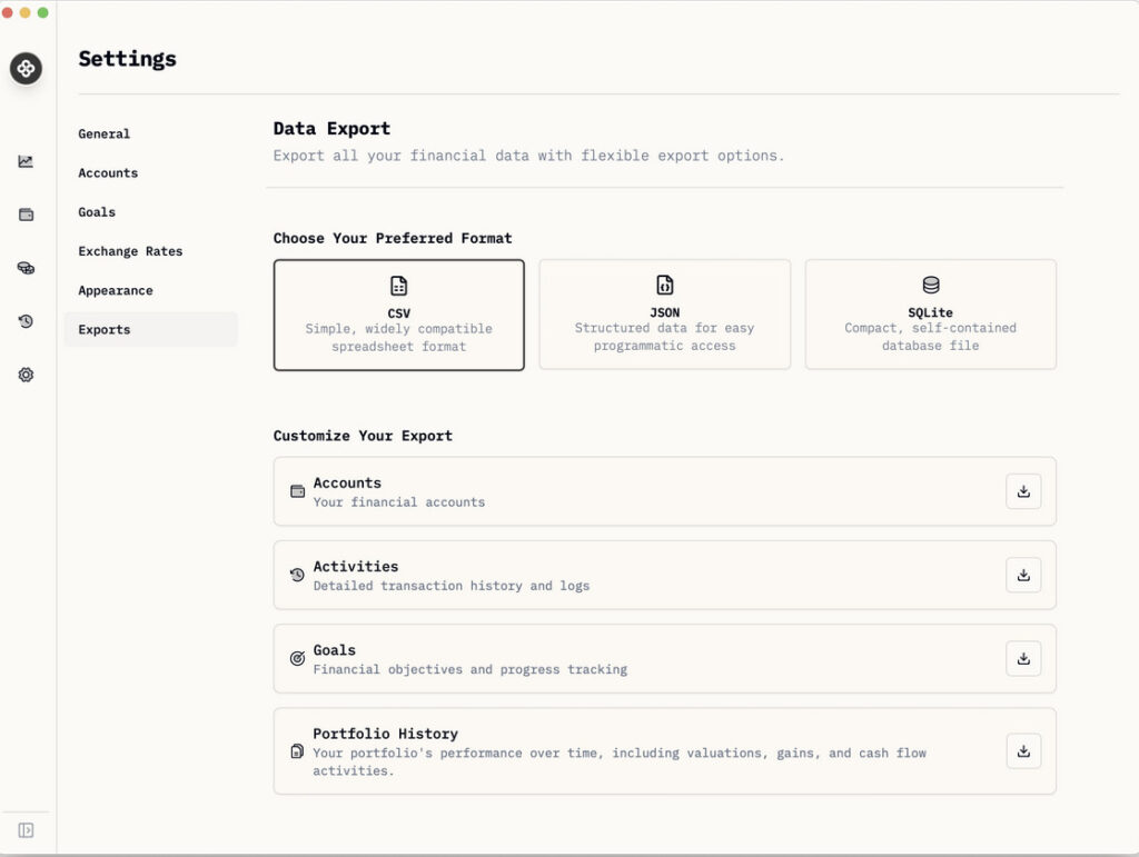 wealthfolio export options
