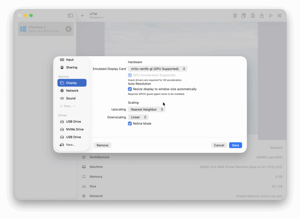 UTM graphics settings