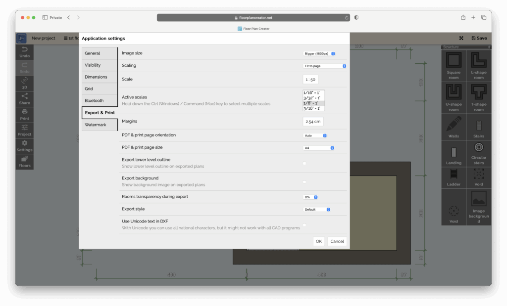 floor plan creator net export settings