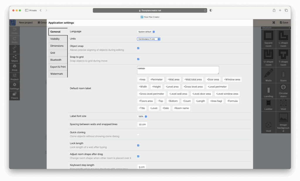 floorplan creator net settings