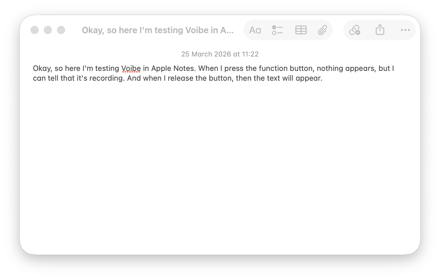 voibe dictation test in apple notes