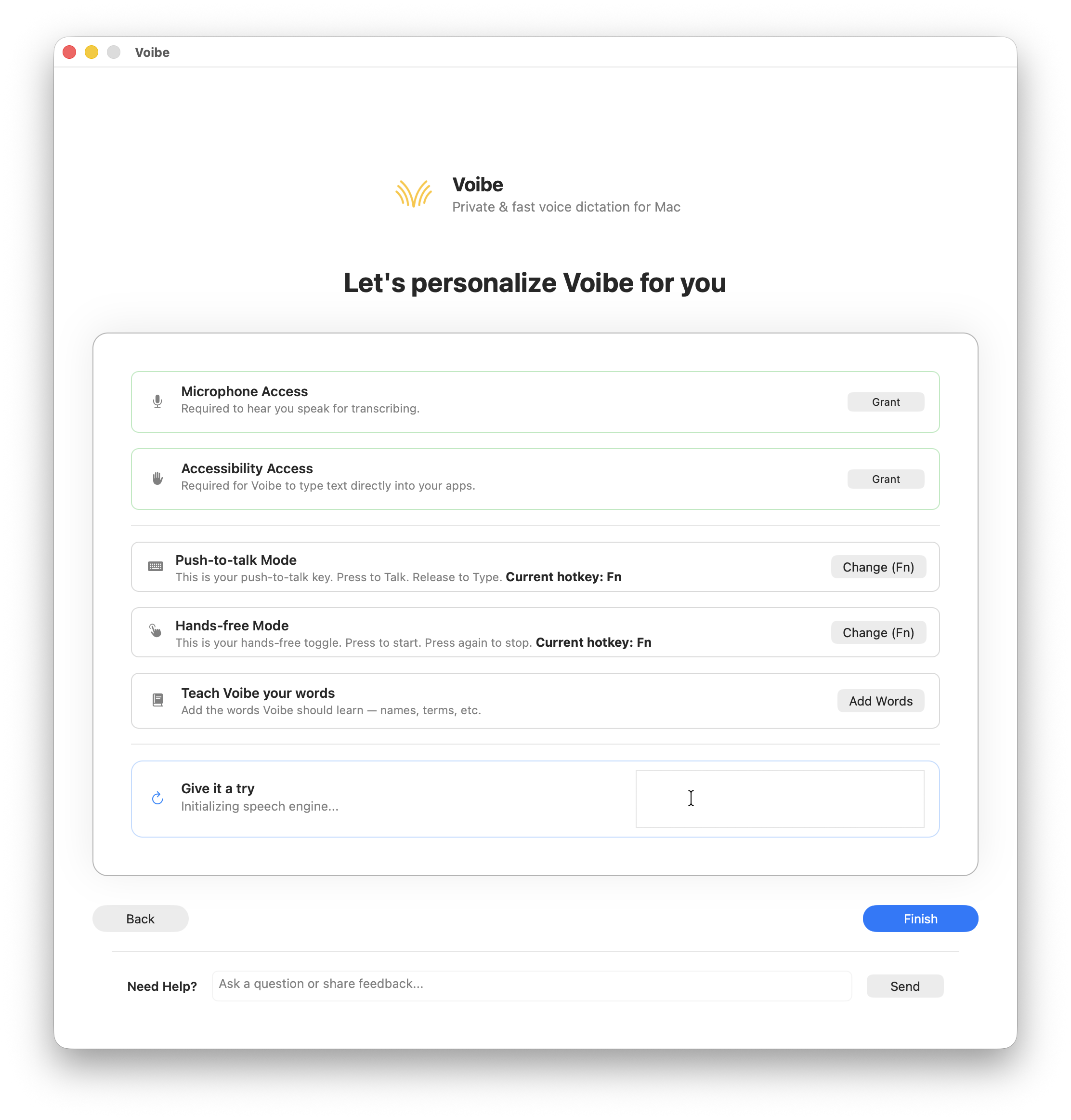 voibe grant permissions and startup on mac