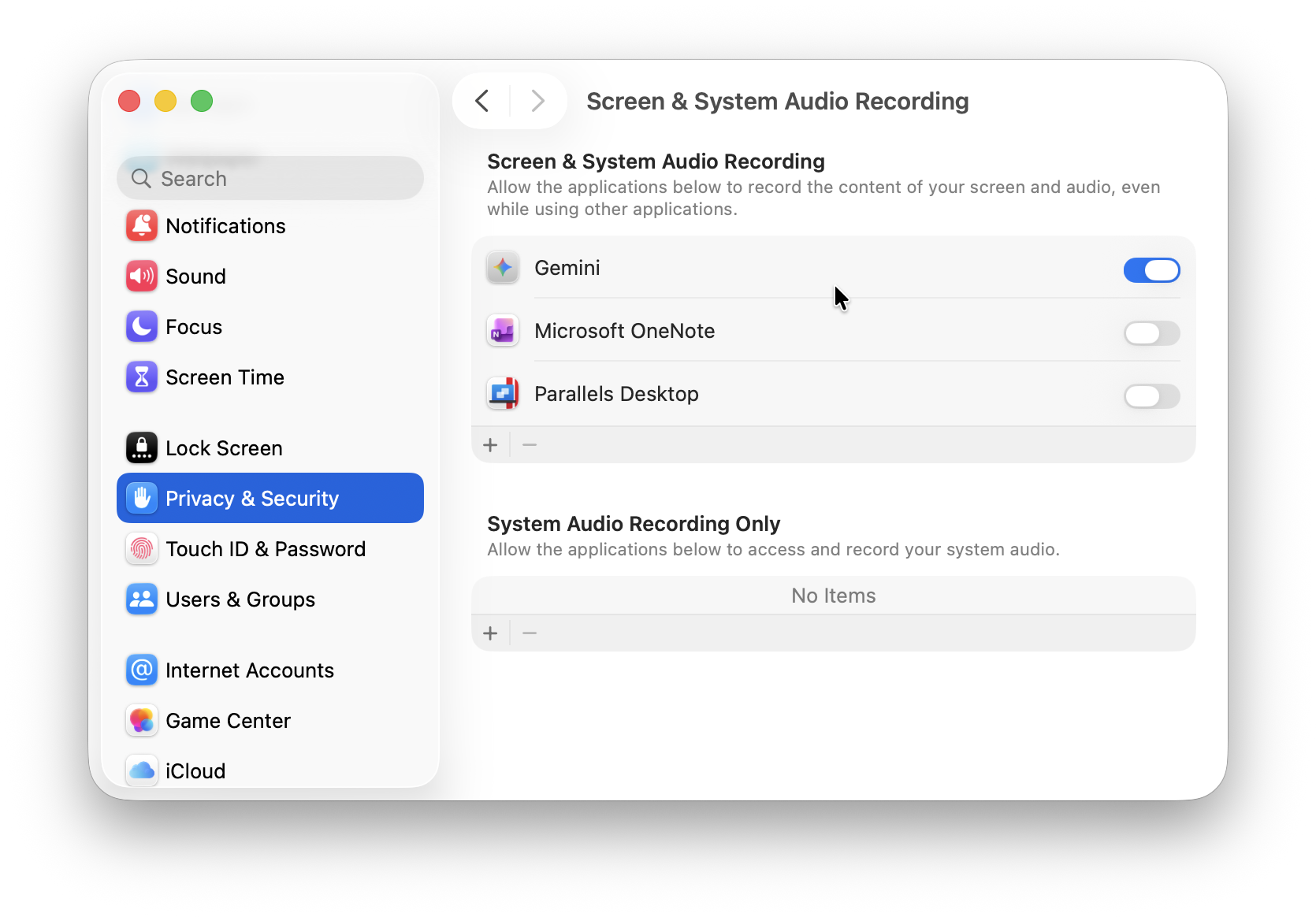 gemini for mac screen and system audio recording settings