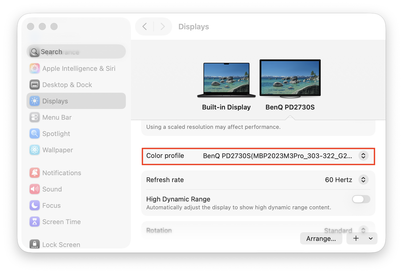switch color profiles external display mac
