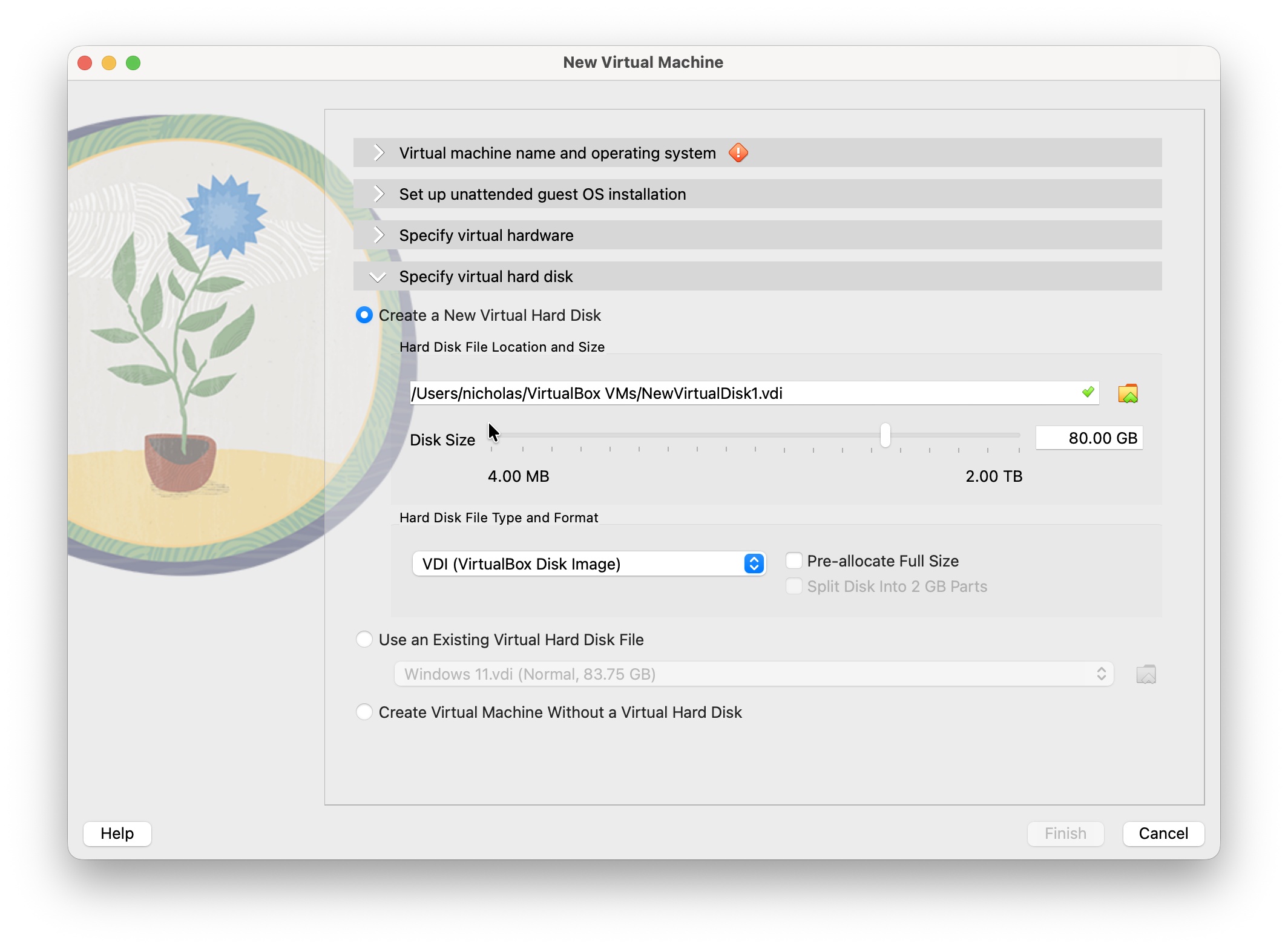 virtualbox mac create virtual hard disk