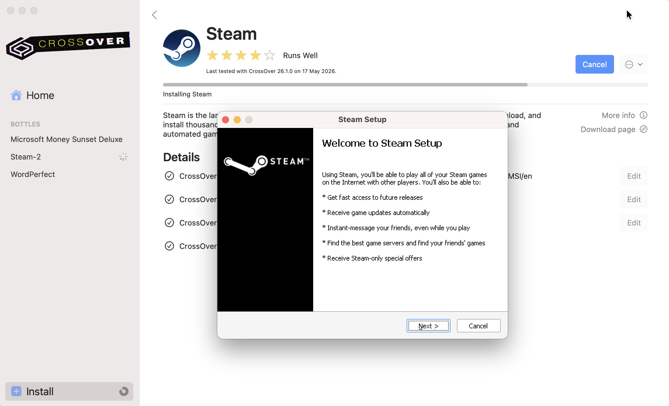 installing windows steam on mac with crossover