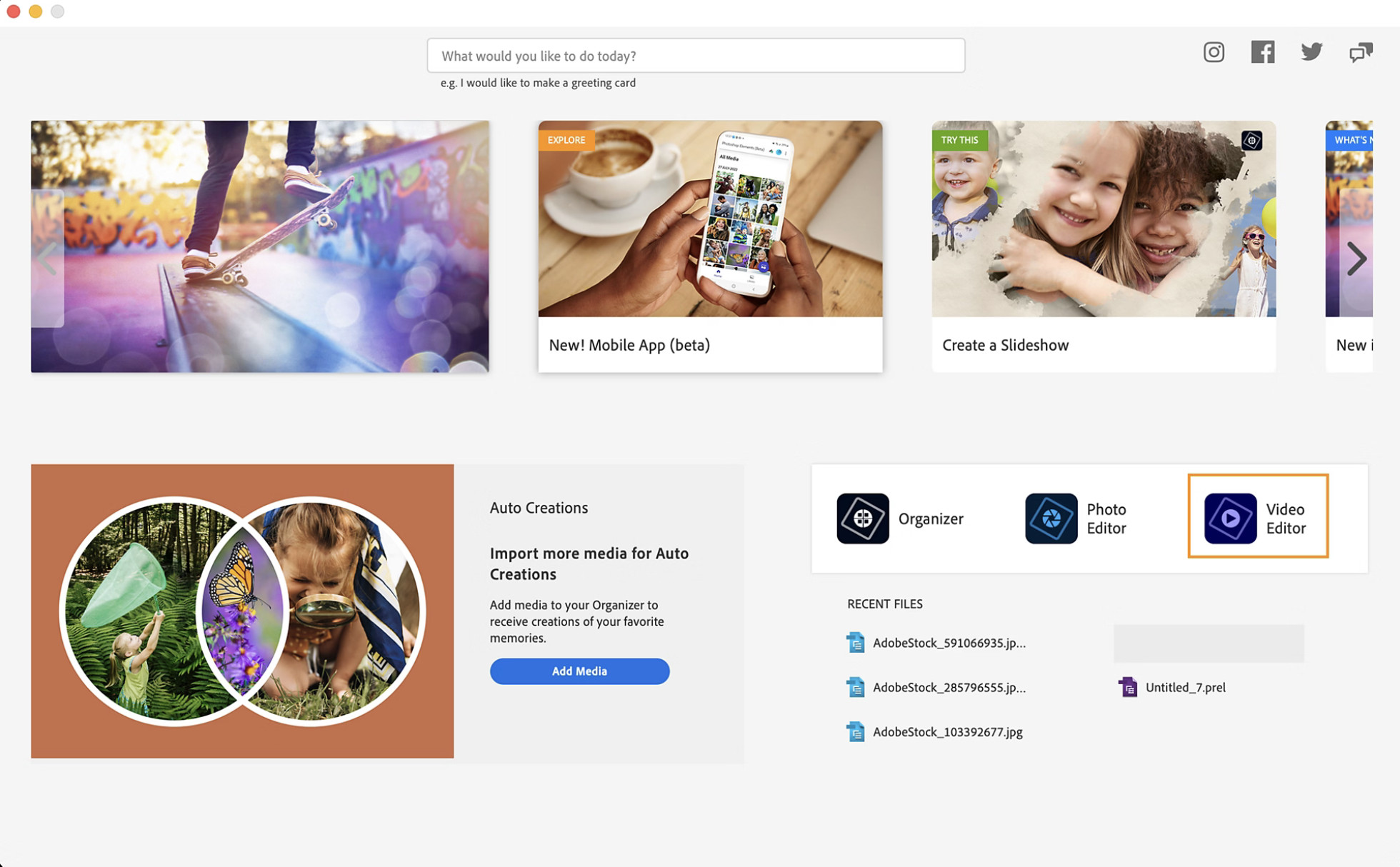 adobe premiere elements on mac - home screen