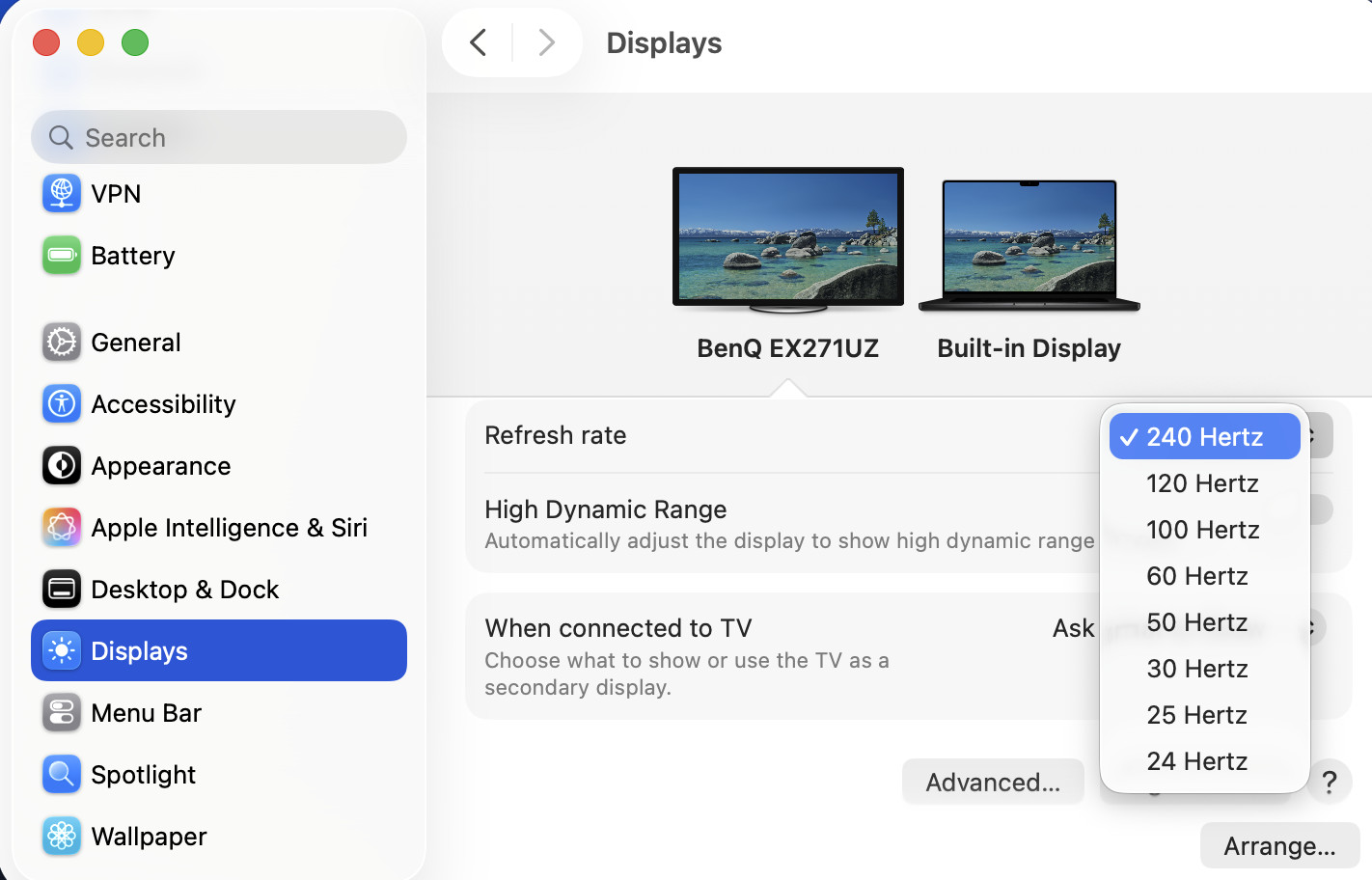 BenQ MOBIUZ EX271UZ refresh rates connected to macbook pro